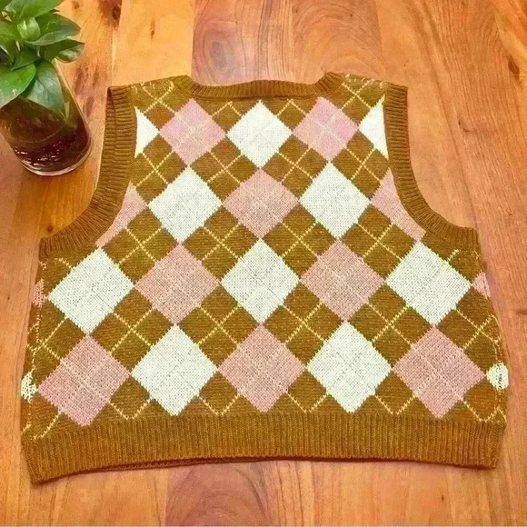 NOBO Y2K Oversized Diamond Pink &  Brown V-neck Cropped Short Sweater Vest - Picture 11 of 13